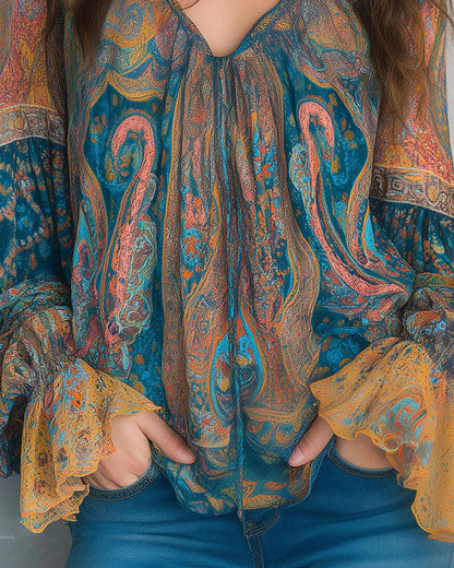 Izabella - Blusa De Cuello En V Estilo Bohemio Con Mangas Acampanadas