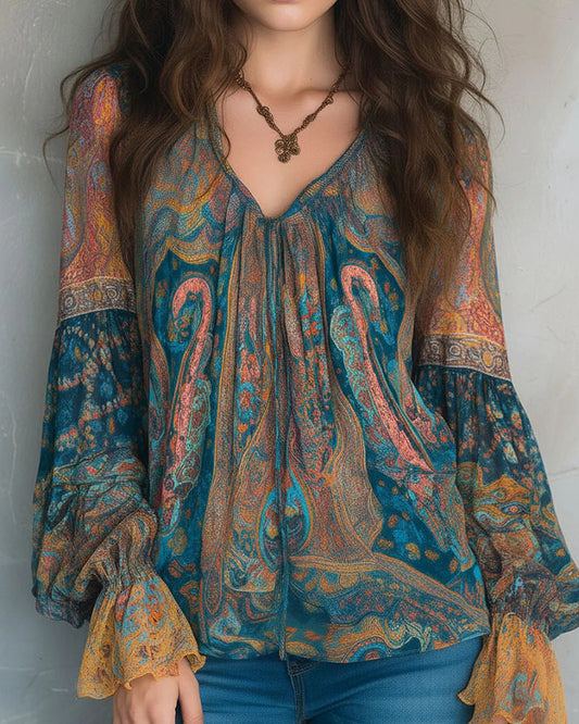 Izabella - Blusa De Cuello En V Estilo Bohemio Con Mangas Acampanadas
