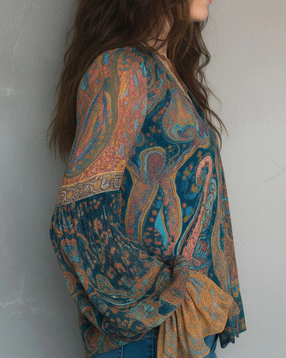 Izabella - Blusa De Cuello En V Estilo Bohemio Con Mangas Acampanadas